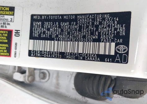 2014 Toyota Corolla S Plus from USA, damaged, VIN 2T1BURHE9EC092630